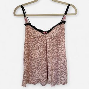 Betsey Johnson Y2K Pink Leopard Print Cami Top with Black Lace Trim Pink Roses